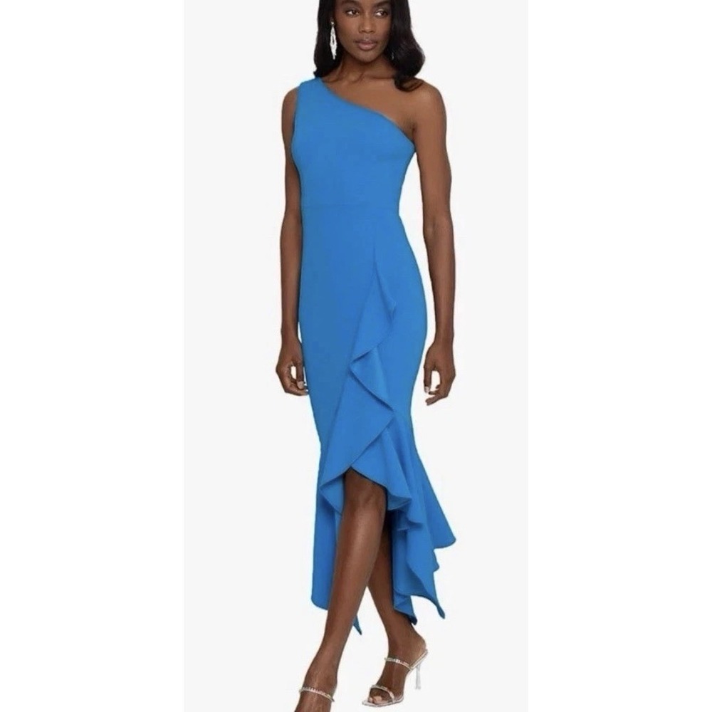 Xscape Blue One-Shoulder Ruffled High-Low Dress Size 12 $239